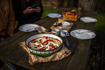 Closeup of a delicious meal with cucumbers on a rustic wooden table outdoors