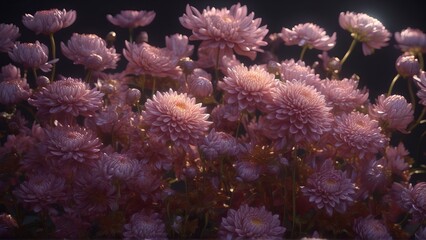 A close up photo of a bunch of pink chrysanthemum flowers with yellow centers. Chrysanthemum pattern in flowers park. Cluster of soft pink chrysanthemum flowers.