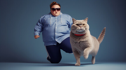 man with a fat British short hair cat illustration generative ai 