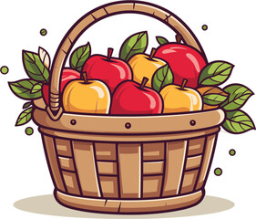 Vector illustration of a wicker basket filled with freshly-picked apples on a white background.