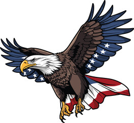 Vector illustration of a majestic bald eagle soaring proudly against a waving American flag. © Jisevind/Wirestock Creators