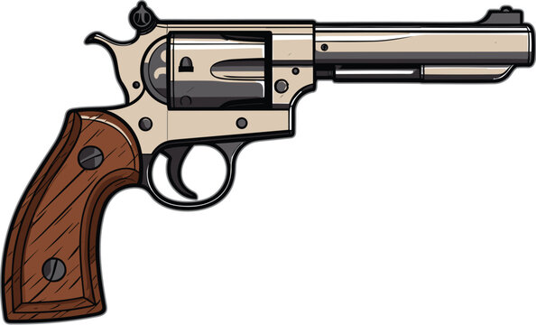 Vector illustration of an antique revolver with a wooden handle and a metal trigger.