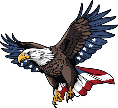 Vector illustration of a majestic bald eagle soaring proudly against a waving American flag.