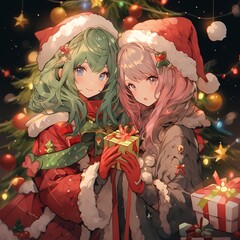 Illustration of two girls in Santa Claus clothes with gifts