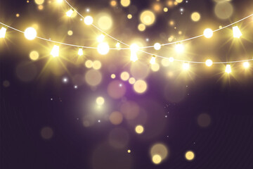 Christmas bright, beautiful lights, design elements. Glowing lights for design of Xmas greeting cards. Garlands, light Christmas decorations.
