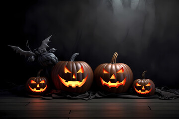 creepy glowing toothy pumpkins on a dark background. AI Generated.
