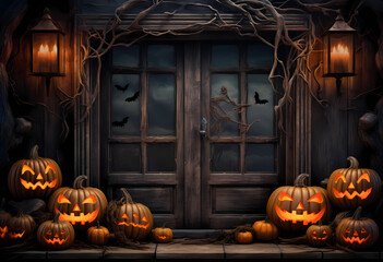 sinister pumpkins flanking the wooden gates. AI Generated.