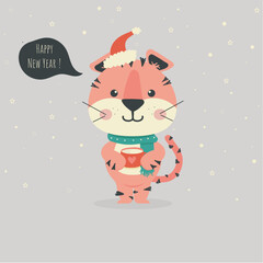 Happy New Year greeting card vector, tiger, new year, christmas, 2024, children's card, new year illustration, merry christmas, cartoon character,  pink tiger, poster, winter card, santa claus gift