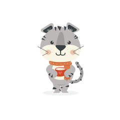 gray tiger, character with coffee, tiger cub, cartoon art, cute tiger, New Year's illustration, postcard for children, New Year's poster cat