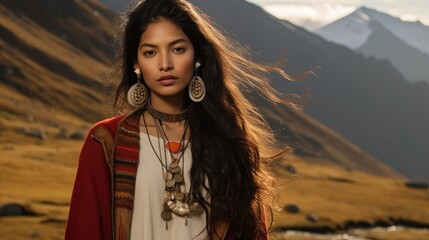 beautiful peruvian woman in traditional clothes - posing in the andes (Generative AI)