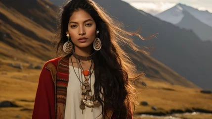 Foto op Canvas beautiful peruvian woman in traditional clothes - posing in the andes (Generative AI) © Salander Studio