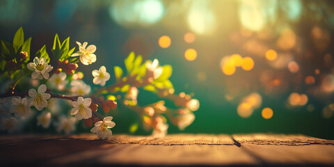 Natural and vibrant spring flower arrangement Beautiful flowers on a wooden table in a serene garden setting Evoke feelings of joy, renewal and the beauty of nature. - obrazy, fototapety, plakaty