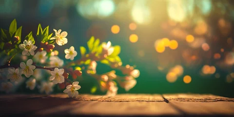 Tuinposter Natural and vibrant spring flower arrangement Beautiful flowers on a wooden table in a serene garden setting Evoke feelings of joy, renewal and the beauty of nature. © Татьяна Мищенко
