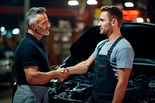 Car service. The mechanic and the customer shake hands. Excellent cooperation between auto mechanic and customer.