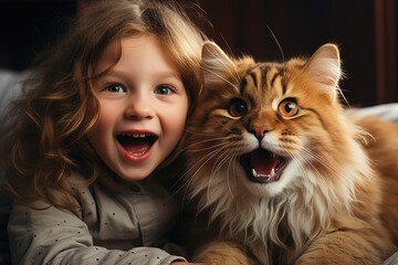 closeup of a cute little girl kuddling with her kitten (Generative AI)