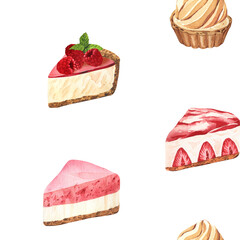 Watercolor seamless pattern desserts, piece of cheesecake with fresh strawberries. Hand-drawn illustration isolated on white background. Perfect food menu, food drawing, design packing, print