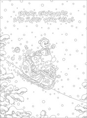 Happy New Year and Merry Christmas card with a funny toy snowman on a large bag of holiday gifts sledding down a snow hill and waving in greeting, black and white vector cartoon illustration