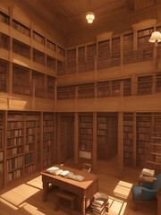 Library Exploration. A library scene with rows of bookshelves, a cozy reading corner, and a librarian's desk. AI generated