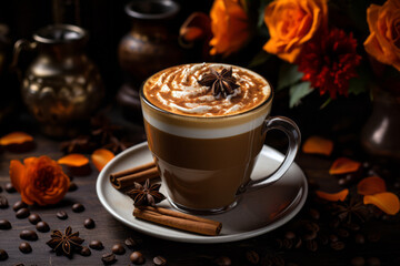 Pumpkin spice latte with cinnamon and decoration