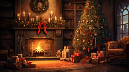 Obraz premium christmas tree with christmas gift stack in a cozy living room setting, with a warm fireplace glowing in the background, evoking the holiday spirit