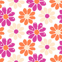 Fototapeta na wymiar Over-Scaled Bold Retro Graphic Floral Vector Seamless Pattern. Big Simplistic Oversize Hand Drawn Daisies, Abstract Blooms pink orange Stylized Flowers Print.