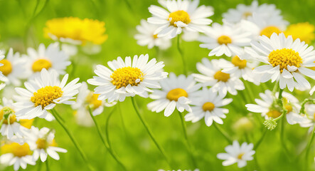 Field with white daisies and fresh grass. AI