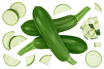 Fresh whole zucchini isolated on white background with full depth of field, Top view. Flat lay