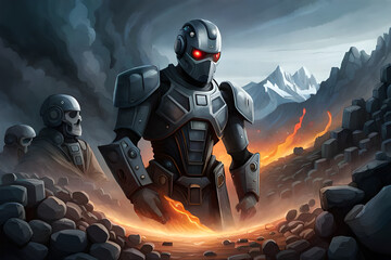 A robot stands in a desert with skulls in the background. A book cover for the book the science fiction series.