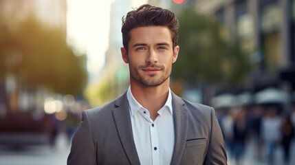 Fototapeta premium Elegant business man standing on the sidewalk