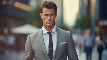 Fototapeta premium Elegant business man standing on the sidewalk