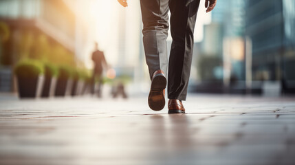 Legs of  business man walking towards. Close up legs of businessman walking on sidewalk, business growth, move up, success, grow business concept.