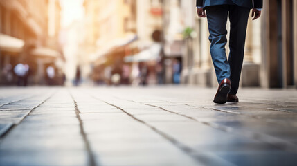 Legs of  business man walking towards. Close up legs of businessman walking on sidewalk, business growth, move up, success, grow business concept.