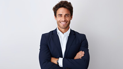 Happy and smiling businessman isolated - portrait of handsome man standing with crossed arms