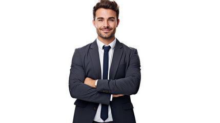 Happy and smiling businessman isolated - portrait of handsome man standing with crossed arms