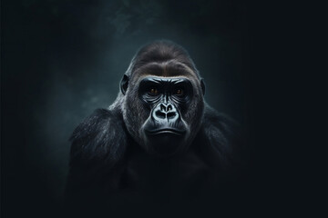 Low key portrait of a gorilla on a dark background with smoke.
