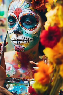 A girl puts on her face makeup in the form of a skull on the Mexican traditional folk holiday Day of the Dead