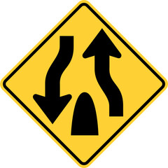 Vector graphic of a usa divide highway ends highway sign. It consists of two black arrows indicating the traffic flow within a black and yellow square tilted to 45 degrees
