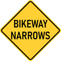 Vector graphic of a usa bikeway narrows ahead highway sign. It consists of black lettering within a black and yellow square tilted to 45 degrees