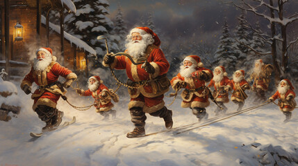 A whimsical scene featuring Santa Claus ornaments engaged in playful activities, such as skiing or sledding 