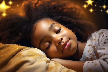 African American girl sleeping in her bed in a dark children's room with the night light turned on