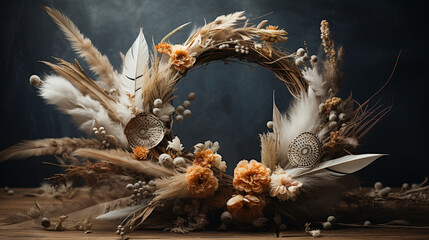 A close-up shot of a wreath crafted from twigs and feathers, embodying a sense of woodland elegance 