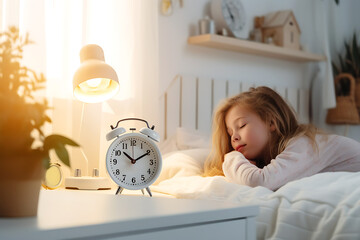 Child Girl sleeps in her bed in the early sunny morning. The clock is in the foreground. The concept of children's sleep schedule