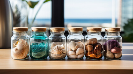 A decorative arrangement featuring glass jars filled with layers of colored sand and delicate shells, evoking a coastal Christmas feel 
