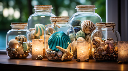 Fototapeta na wymiar A decorative arrangement featuring glass jars filled with layers of colored sand and delicate shells, evoking a coastal Christmas feel 