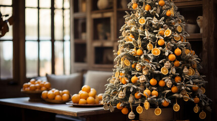 A rustic tree adorned with strings of popcorn, dried orange slices, and handmade clay ornaments, harkening back to traditional décor 