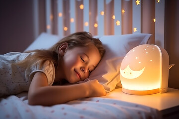 Girl child sleeps in her bed in a dark children's room with the night light turned on