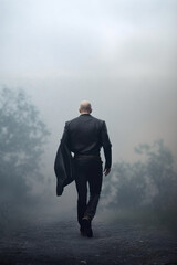 handsome mysterious shaved headed man wearing black shirt and black pants. suite draped on his back.