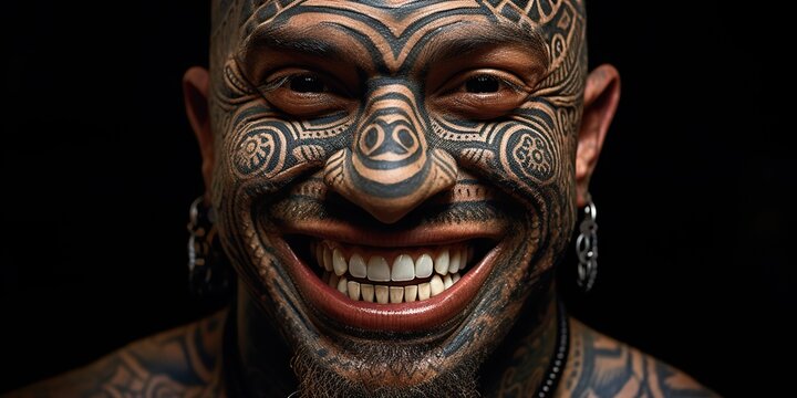 A happy man's face adorned with a Maori tattoo pattern, embodying joy, strength, and the spirit of his culture. Generative AI