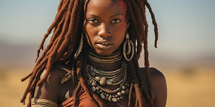 A Himba woman, distinctive in appearance, adorned with traditional clothing and jewelry, embodying ancient customs and culture. Generative AI