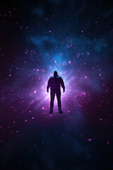 silhouette of a man floating in the galaxy universe stars. meditation concept. 